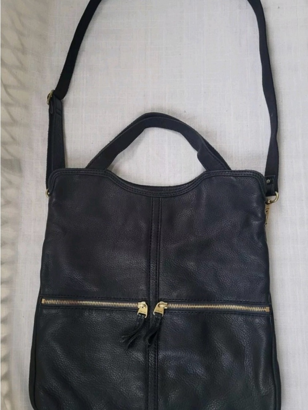 Fossil Black Leather Convertible Shoulder Bag with Gold Hardware